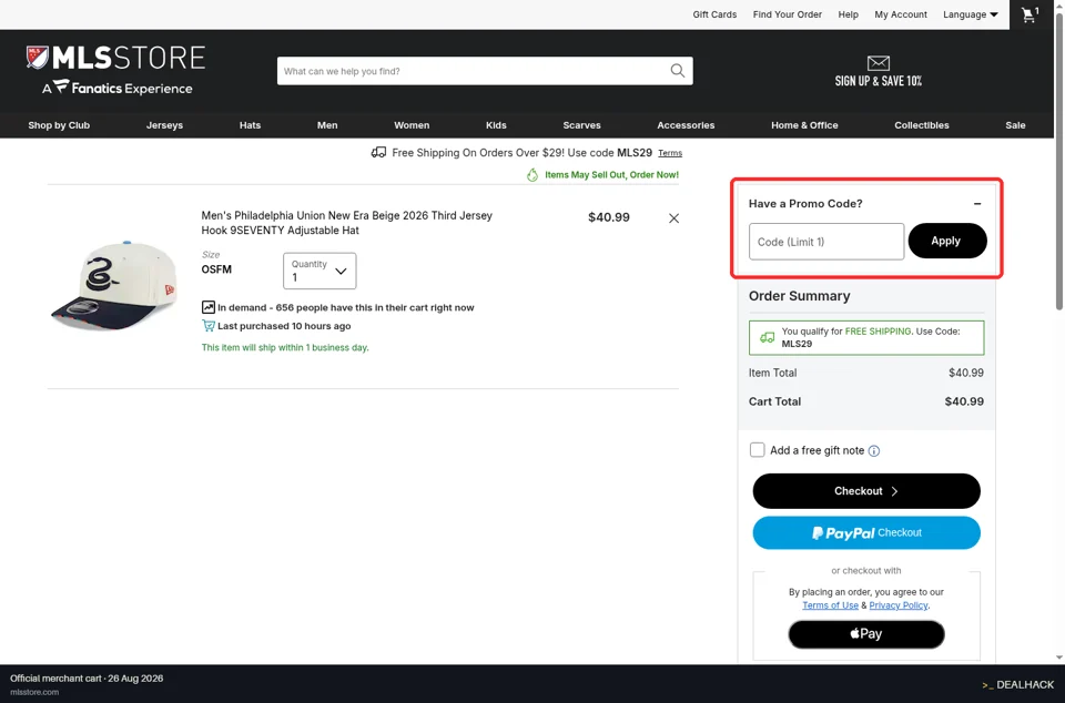 MLS Store checkout page showing the Code (Limit 1) field and Apply button