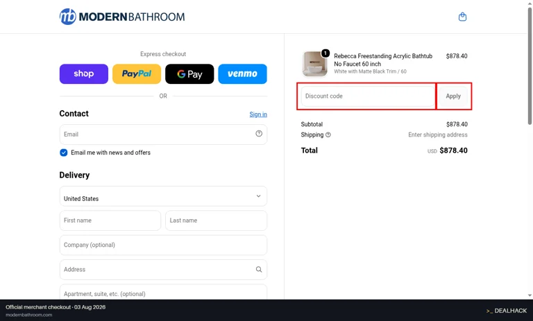 Modern Bathroom checkout page showing the Discount code field and Apply button