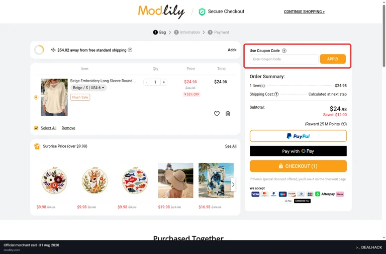 Modlily checkout page showing the Enter Coupon Code field and Apply button