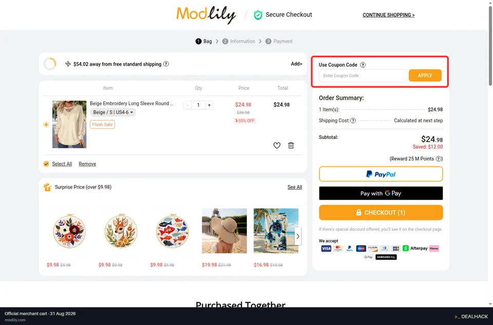 Modlily checkout page showing the Enter Coupon Code field and Apply button