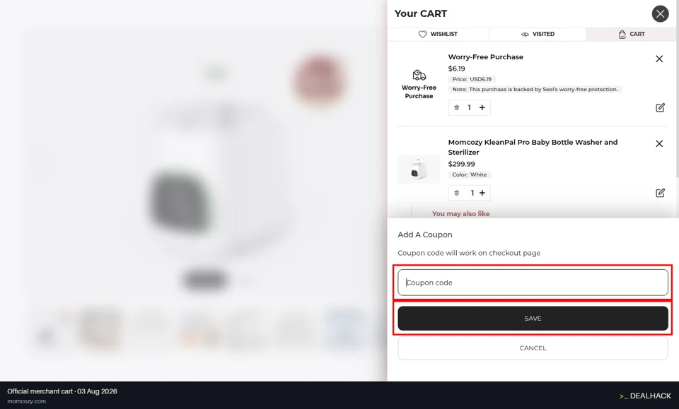 Momcozy checkout page showing the Coupon code field and SAVE button