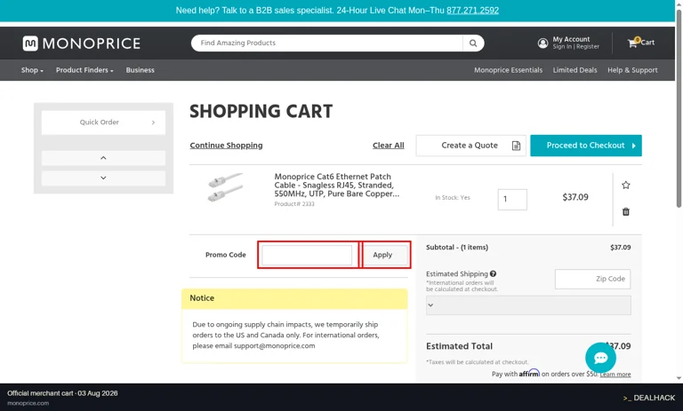 Monoprice checkout page showing the Promo Code field and Apply button