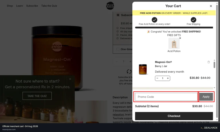 Moon Juice checkout page showing the Promo Code field and Apply button