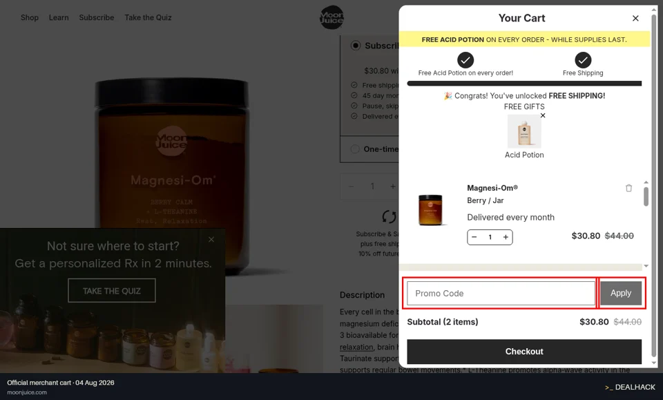 Moon Juice checkout page showing the Promo Code field and Apply button