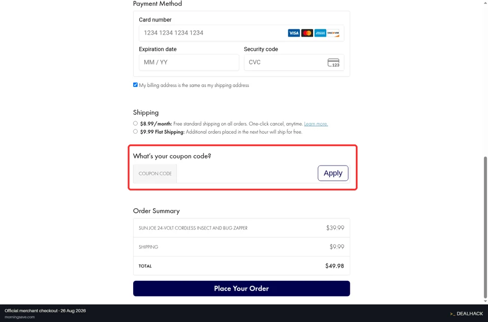 MorningSave checkout page showing the Coupon Code field and Apply button