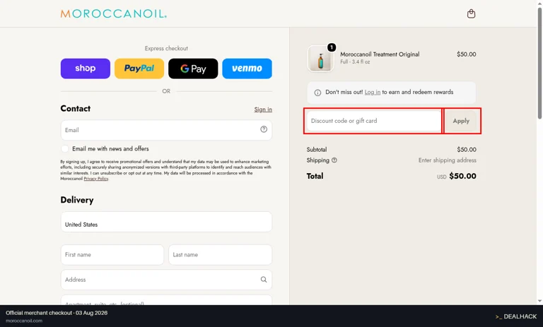 Moroccanoil checkout page showing the Discount code or gift card field and Apply button