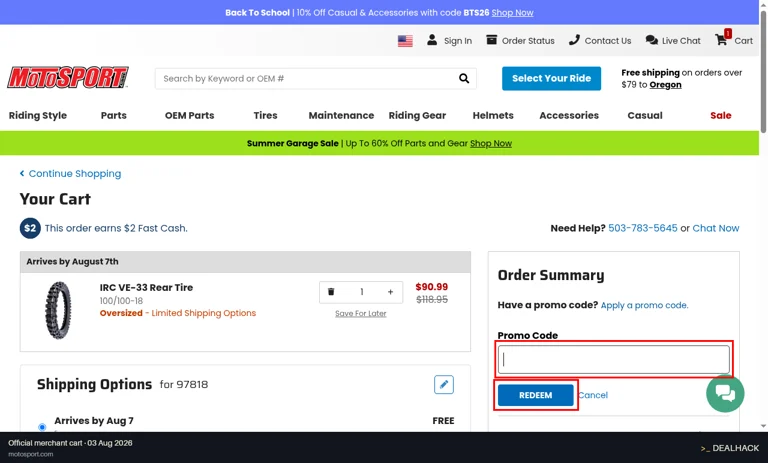 MotoSport checkout page showing the Promo Code field and REDEEM button
