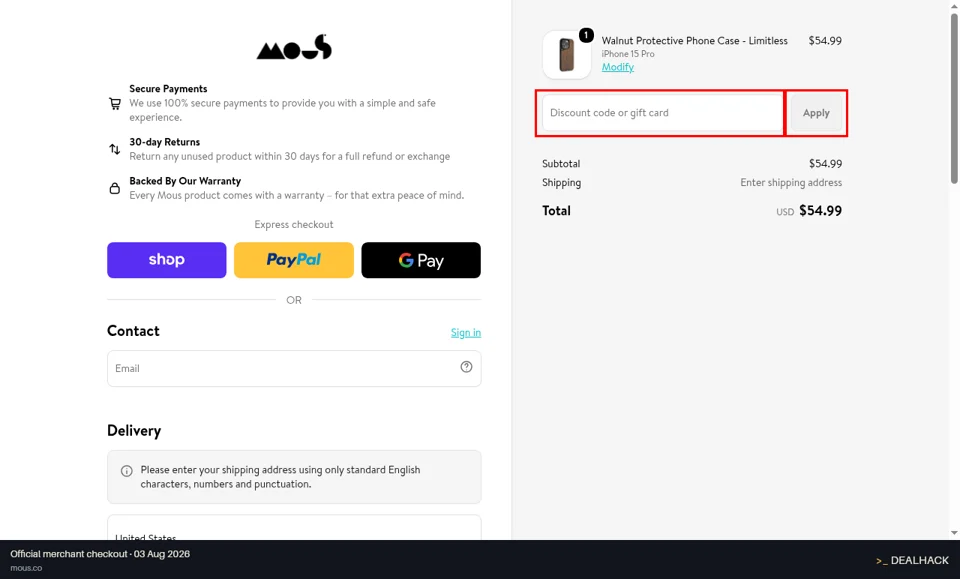 Mous checkout page showing the Discount code or gift card field and Apply button