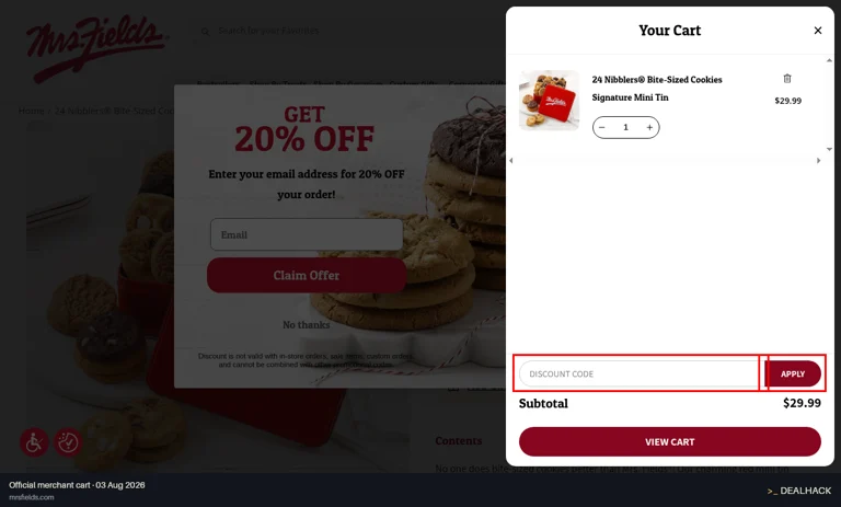 Mrs. Fields checkout page showing the DISCOUNT CODE field and Apply button