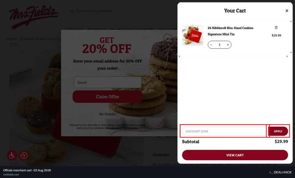 Mrs. Fields checkout page showing the DISCOUNT CODE field and Apply button