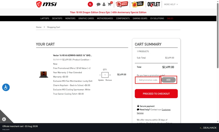 MSI checkout page showing the Add promotion code... field and ADD button