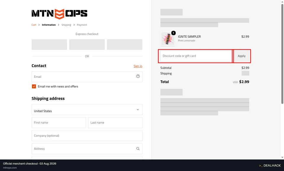 MTN OPS checkout page showing the Discount code or gift card field and Apply button