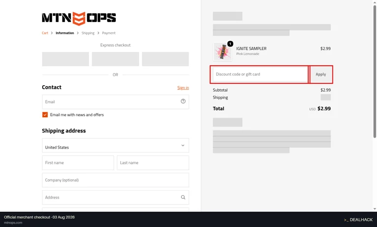 MTN OPS checkout page showing the Discount code or gift card field and Apply button