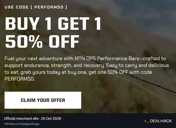 Screenshot of MTN OPS's website on Oct 25, 2026 showing the "BOGO 50% Off Performance Bars" offer
