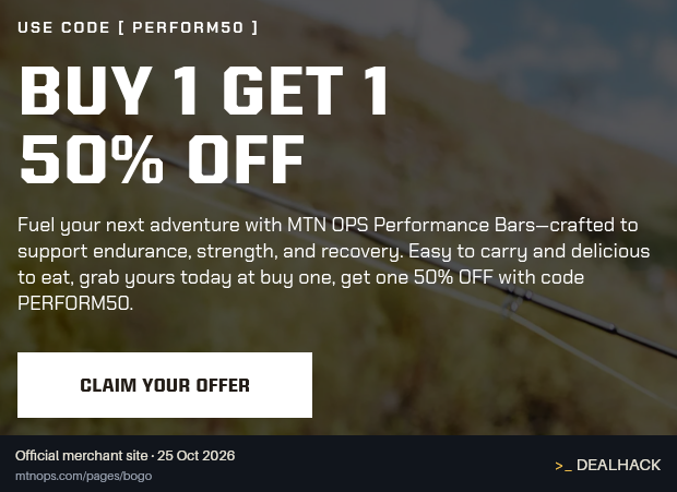 Screenshot of MTN OPS's website on Oct 25, 2026 showing the "BOGO 50% Off Performance Bars" offer