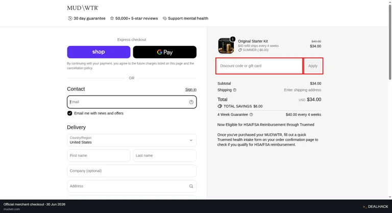 Mudwtr checkout page showing the Discount code or gift card field and Apply button
