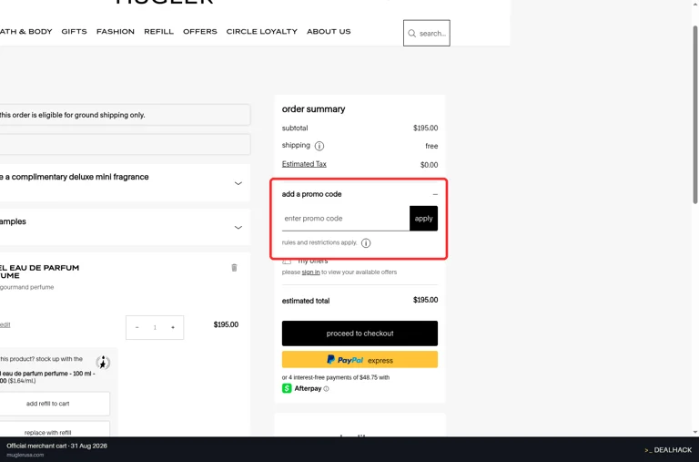 MUGLER checkout page showing the enter promo code field and apply button