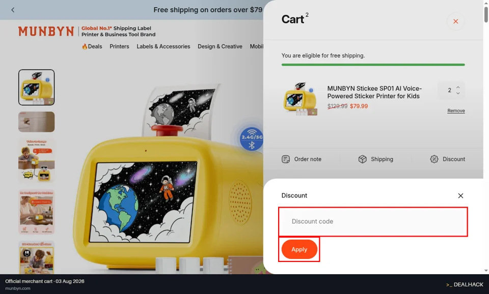 Munbyn checkout page showing the Discount code field and Apply button