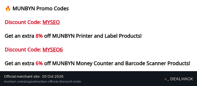 Screenshot of Munbyn's website on Oct 20, 2026 showing the "Save an Extra 6% on Money Counters and Scanners" offer