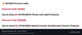 Screenshot of Munbyn's website on Oct 20, 2026 showing the "Extra 8% Off Printers and Label Products" offer