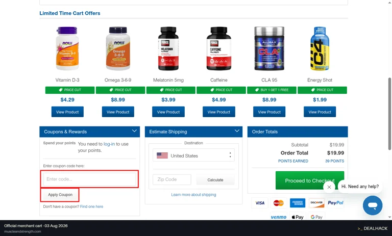 Muscle & Strength checkout page showing the Enter code... field and Apply Coupon button