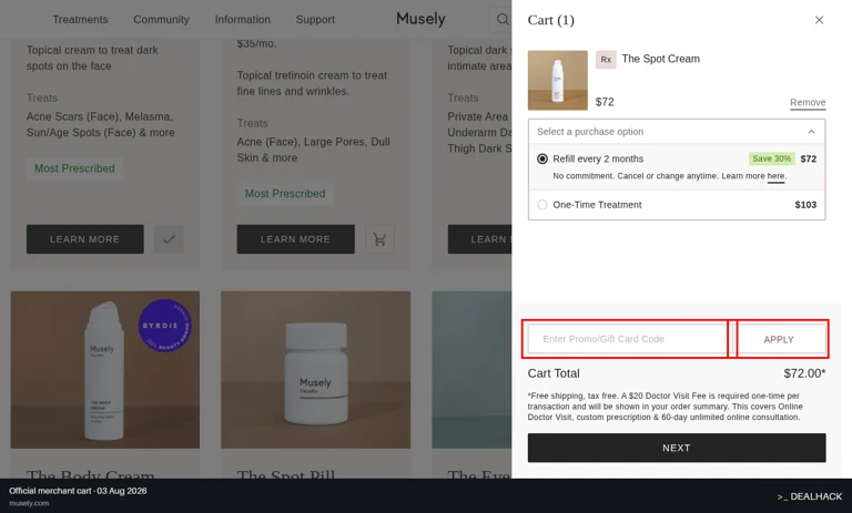 Musely checkout page showing the Enter Promo/Gift Card Code field and APPLY button