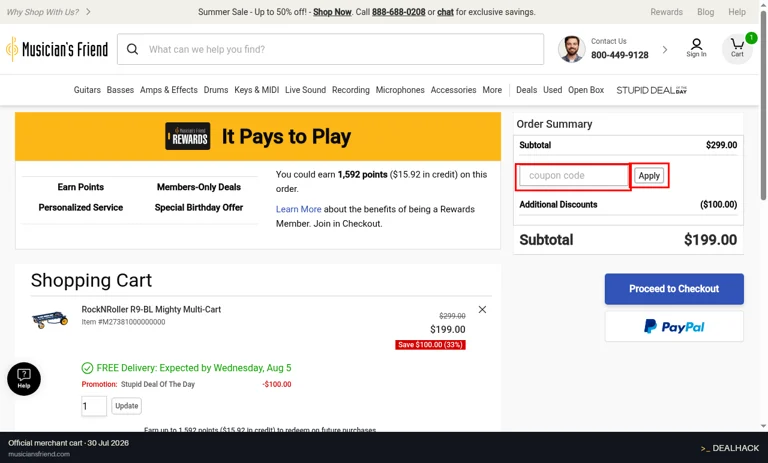 Musician's Friend checkout page showing the coupon code field and Apply button
