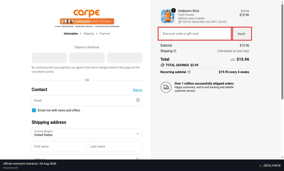 Carpe checkout page showing the Discount code or gift card field and Apply button