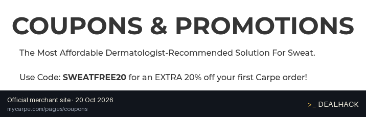 Screenshot of Carpe's website on Oct 20, 2026 showing the "Get 20% Off Your First Carpe Order" offer
