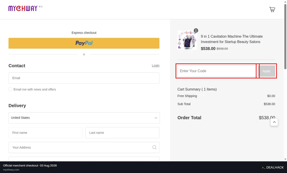 Mychway checkout page showing the Enter Your Code field and Apply button