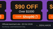 Screenshot of Mychway's website on Oct 20, 2026 showing the "Save $90 on Mychway Orders Over $1,000" offer