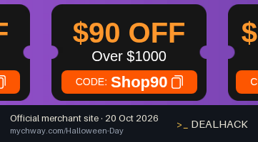 Screenshot of Mychway's website on Oct 20, 2026 showing the "Save $90 on Mychway Orders Over $1,000" offer