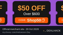 Screenshot of Mychway's website on Oct 20, 2026 showing the "Save $50 on Mychway Orders Over $600" offer