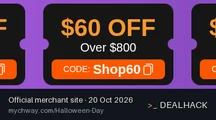 Screenshot of Mychway's website on Oct 20, 2026 showing the "Save $60 on Mychway Orders Over $800" offer