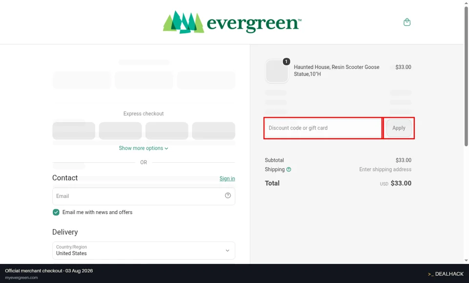 My Evergreen checkout page showing the Discount code or gift card field and Apply button
