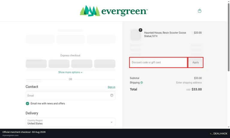 My Evergreen checkout page showing the Discount code or gift card field and Apply button