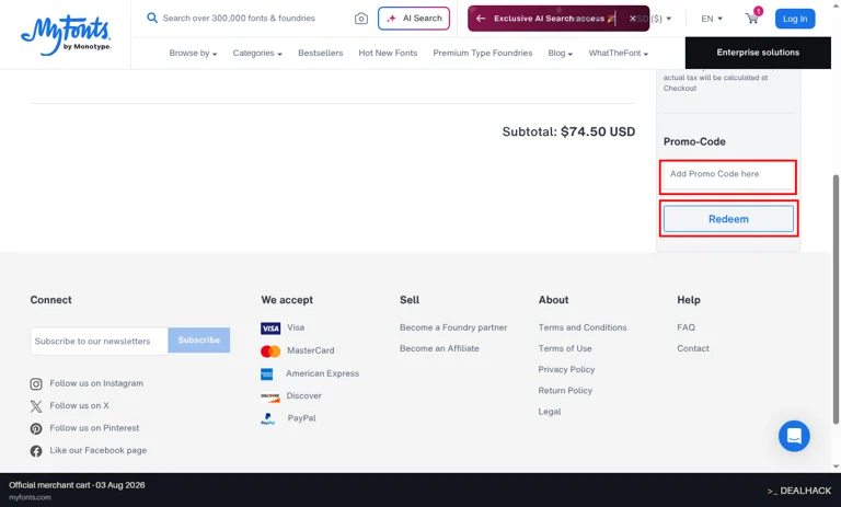 Myfonts checkout page showing the Add Promo Code here field and Redeem button