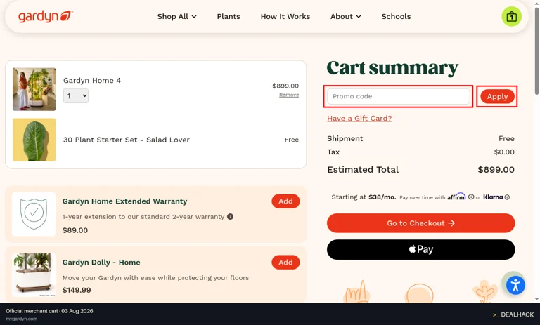 Gardyn checkout page showing the Promo code field and Apply button