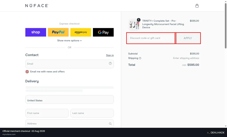 NuFACE checkout page showing the Discount code or gift card field and Apply button
