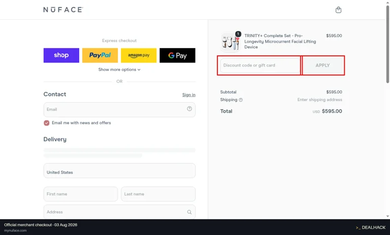 NuFACE checkout page showing the Discount code or gift card field and Apply button