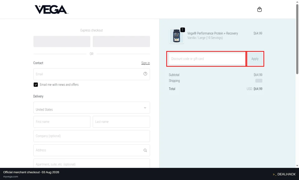 Vega checkout page showing the Discount code or gift card field and Apply button