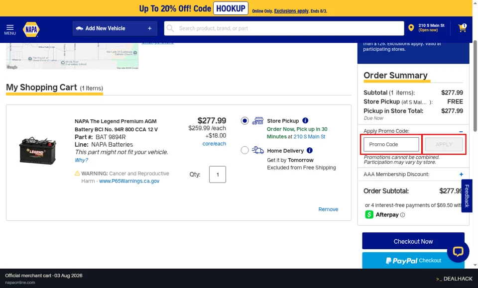 NAPA Auto Parts checkout page showing the Promo Code field and APPLY button