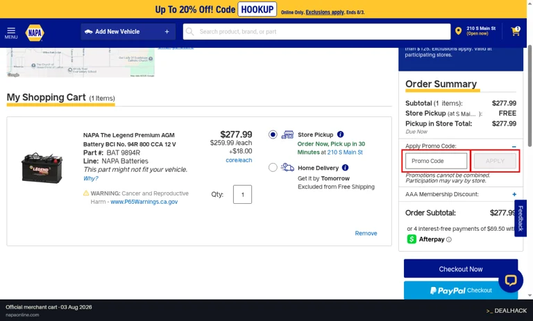 NAPA Auto Parts checkout page showing the Promo Code field and APPLY button