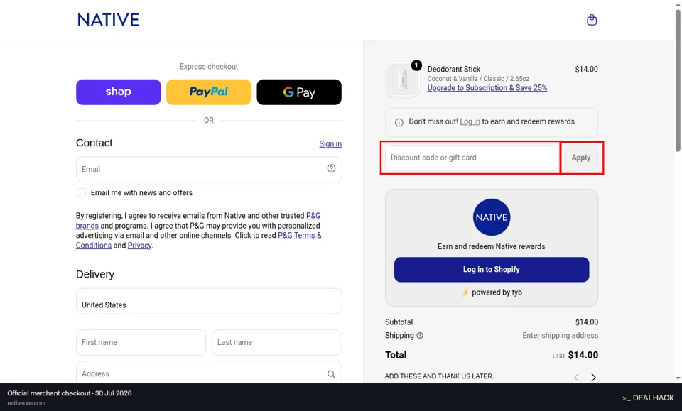 Native checkout page showing the Discount code or gift card field and Apply button