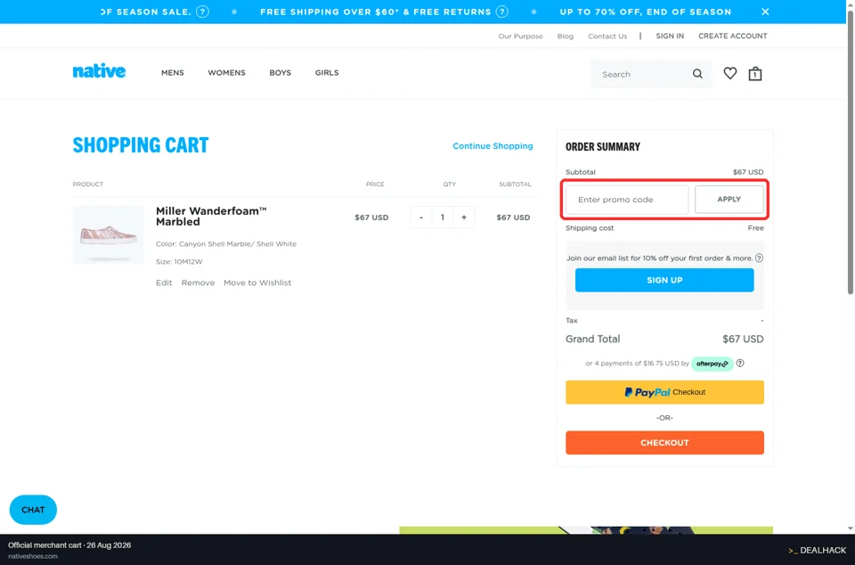 Native Shoes checkout page showing the Enter promo code field and APPLY button