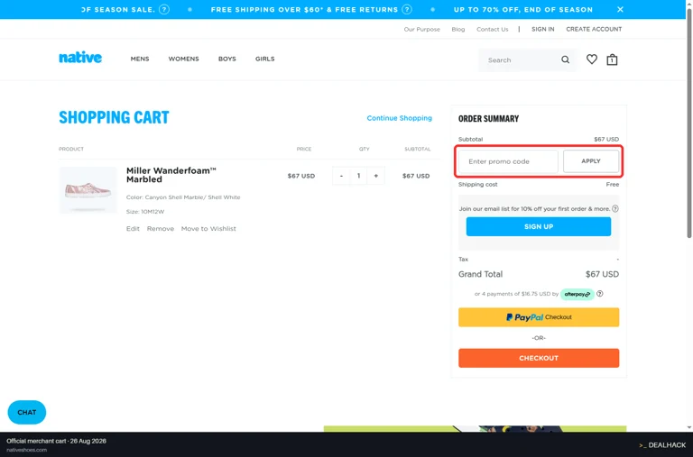 Native Shoes checkout page showing the Enter promo code field and APPLY button