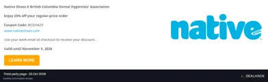 Screenshot of bcdha.com listing a Native Shoes coupon on Oct 25, 2026 showing the "Save 25% on Native Shoes for BCDHA Members" offer