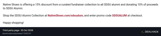 Screenshot of alumni.sdsu.edu listing a Native Shoes coupon on Oct 25, 2026 showing the "15% Off the SDSU Alumni Collection" offer