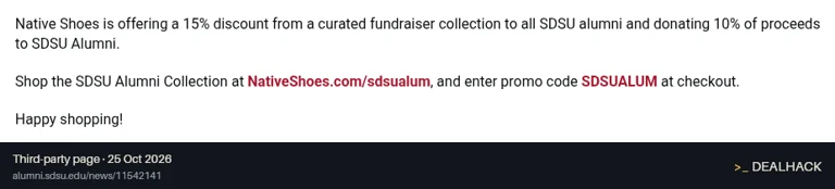 Screenshot of alumni.sdsu.edu listing a Native Shoes coupon on Oct 25, 2026 showing the "15% Off the SDSU Alumni Collection" offer