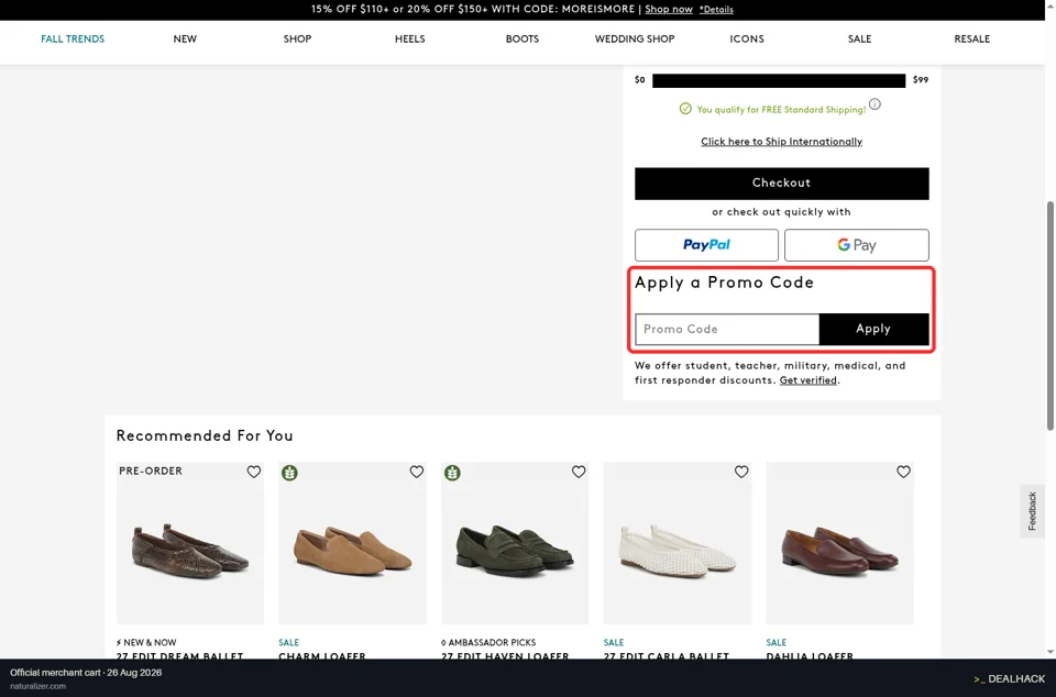 Naturalizer checkout page showing the Promo Code field and Apply button